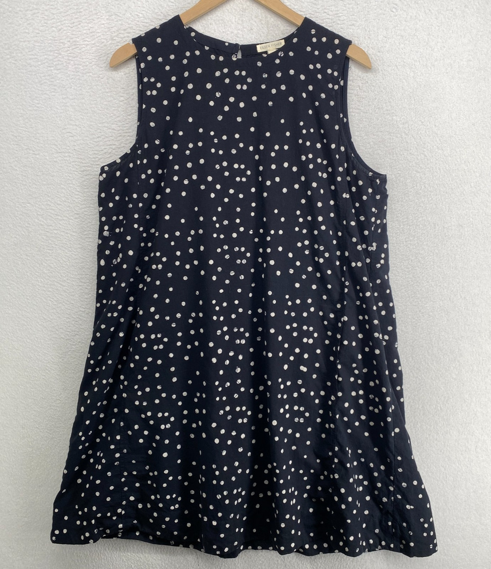 EILEEN FISHER Dress L Organic Cotton Sleeveless Shift Mini Polka Dot Print Black